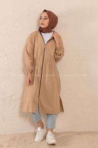 Modalamelif Hakim Yaka Bel Yarım Lastik Kap Camel