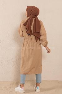 Modalamelif Hakim Yaka Bel Yarım Lastik Kap Camel