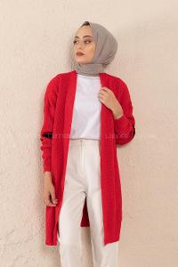 Modalamelif Kol Şeritli Triko Hırka Kırmızı