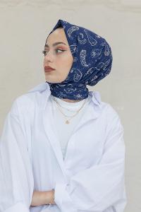 Modalamelif Lacivert Motif Baskılı Pamuk Vual Şal
