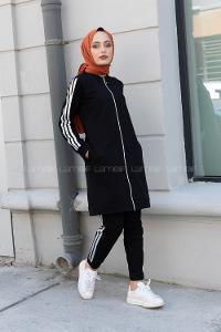 Modalamelif Ön Fermuarlı Şeritli İkili Takım Siyah