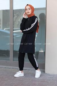 Modalamelif Ön Fermuarlı Şeritli Takım Siyah