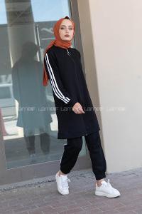 Modalamelif Ön Fermuarlı Şeritli Takım Siyah