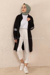 Modalamelif Önü Fermuarlı Kol Baskılı Hırka Siyah