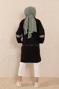 Modalamelif Önü Fermuarlı Kol Baskılı Hırka Siyah