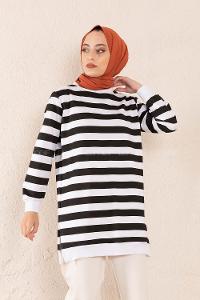 Modalamelif Bisiklet Yaka Çizgili Sweatshit Siyah