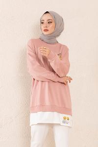 Modalamelif Önü Baskılı Etek Garnili Sweatshirt Pudra