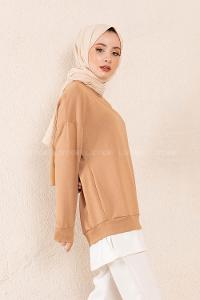 Modalamelif Önü Baskılı Etek Garnili Sweatshirt Sütlü Kahve