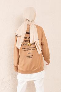 Modalamelif Önü Baskılı Etek Garnili Sweatshirt Sütlü Kahve