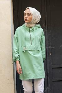 Modalamelif Arma Baskılı Kapşonlu Tunik Mint Yeşili