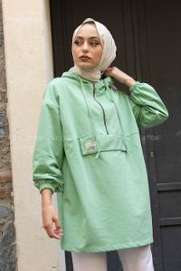 Modalamelif Arma Baskılı Kapşonlu Tunik Mint Yeşili
