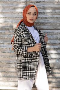 Modalamelif Çift Cepli Kazayağı Desen Kaban Ekru