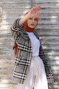 Modalamelif Çift Cepli Kazayağı Desen Kaban Ekru