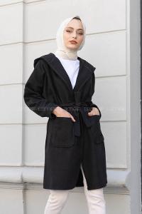 Modalamelif Çift Cepli Kuşaklı Kaban Siyah