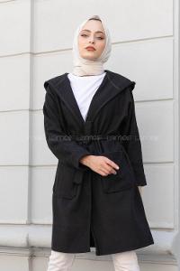 Modalamelif Çift Cepli Kuşaklı Kaban Siyah