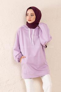 Modalamelif  Kanguru Cepli Kapşonlu Sweatshirt Lila