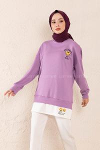 Modalamelif Önü Baskılı Etek Garnili Sweatshirt Lila