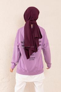 Modalamelif Önü Baskılı Etek Garnili Sweatshirt Lila