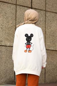 Modalamelif Bisiklet Yaka Ön Baskılı Sweatshirt Beyaz