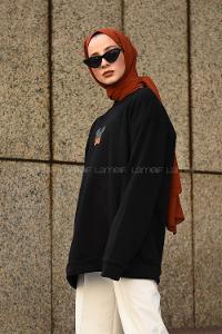 Modalamelif Bisiklet Yaka Ön Baskılı Sweatshirt Siyah