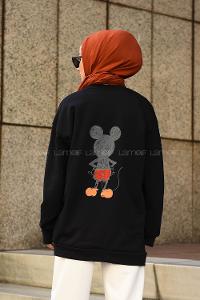 Modalamelif Bisiklet Yaka Ön Baskılı Sweatshirt Siyah