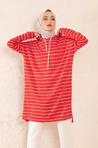 Modalamelif Çizgili Kapşonlu Tunik Kırmızı