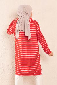 Modalamelif Çizgili Kapşonlu Tunik Kırmızı