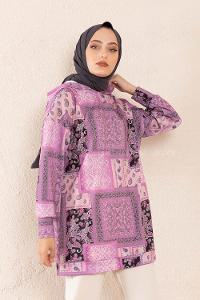 Modalamelif Kapşonlu Kilim Desen Sweatshirt Mor