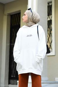 Modalamelif Kapşonlu Yazı Baskılı Sweatshirt Beyaz