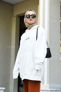 Modalamelif Kapşonlu Yazı Baskılı Sweatshirt Beyaz