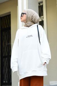 Modalamelif Kapşonlu Yazı Baskılı Sweatshirt Beyaz