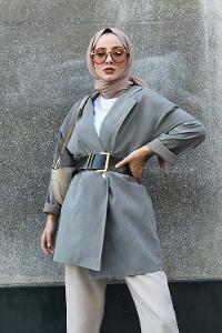 Modalamelif Kemerli Oversize Ceket Haki