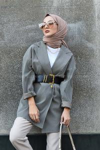 Modalamelif Kemerli Oversize Ceket Haki