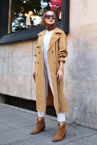Modalamelif Ön Düğmeli Kuşaklı Trenç Camel