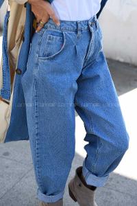 Modalamelif Paça Pensli Mom Jean Kot Mavisi