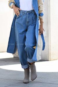 Modalamelif Paça Pensli Mom Jean Kot Mavisi