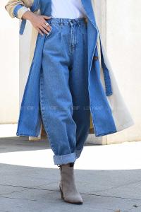 Modalamelif Paça Pensli Mom Jean Kot Mavisi