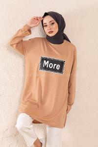 Modalamelif Düşük Kol More Baskılı Tunik Sütlü Kahve