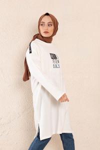 Modalamelif Önü Yazı Baskılı Tunik Beyaz
