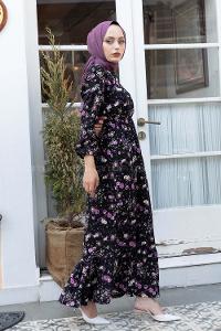 Modalamelif Bel Lastikli Gül Desen Elbise Siyah