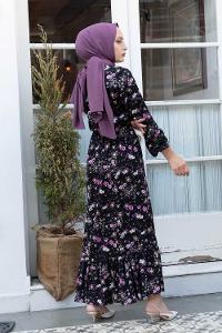 Modalamelif Bel Lastikli Gül Desen Elbise Siyah