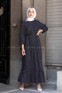 Modalamelif Bel Lastikli Puantiye Elbise Lacivert