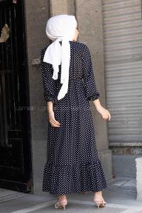 Modalamelif Bel Lastikli Puantiye Elbise Lacivert