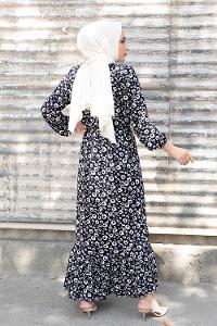 Modalamelif Bel Lastikli Soyut Desen Elbise Lacivert