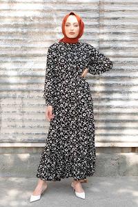 Modalamelif Bel Lastikli Soyut Desen Elbise Siyah