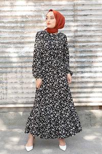 Modalamelif Bel Lastikli Soyut Desen Elbise Siyah