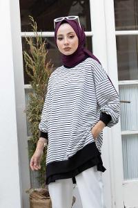 Modalamelif Çizgili Salaş Sweatshirt Beyaz