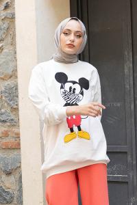 Modalamelif Karikatür Maskeli Sweatshirt Beyaz