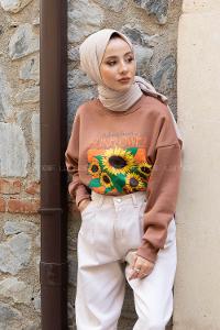 Modalamelif Sunflower Baskılı Sweatshirt Sütlü Kahve