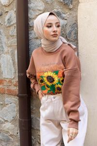 Modalamelif Sunflower Baskılı Sweatshirt Sütlü Kahve